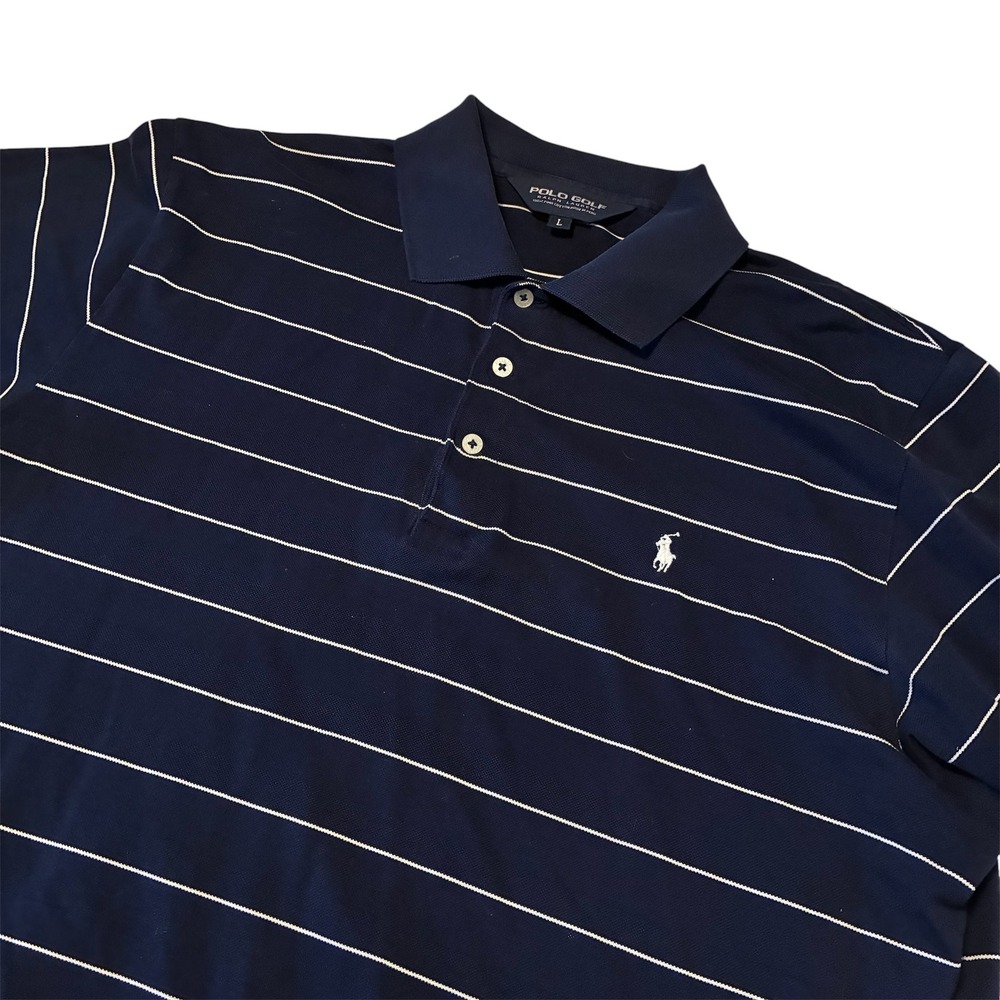 Polo Golf Ralph Lauren Mens Navy Blue Striped Pima Cotton Polo Shirt Large